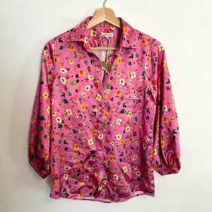 NWT Ann Mashburn Pink Blouse Multi Floral Charmeuse Top XS